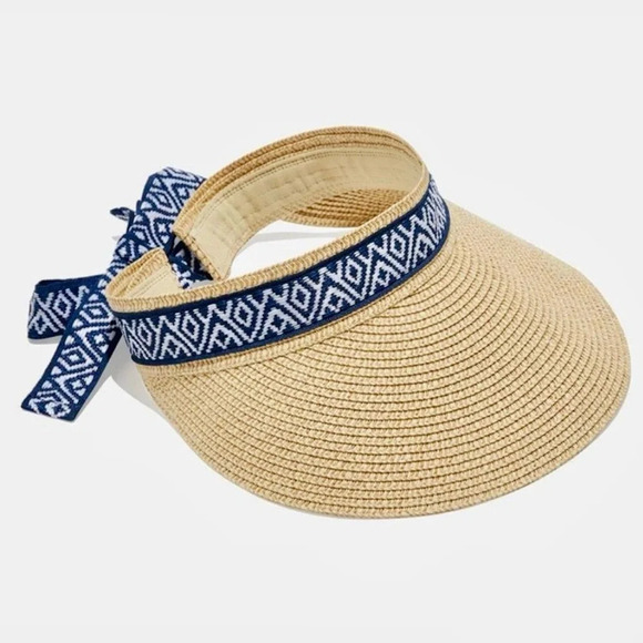 NWT Sea & Grass straw visor with ribbon tie one size packable natural blue white - Picture 1 of 11